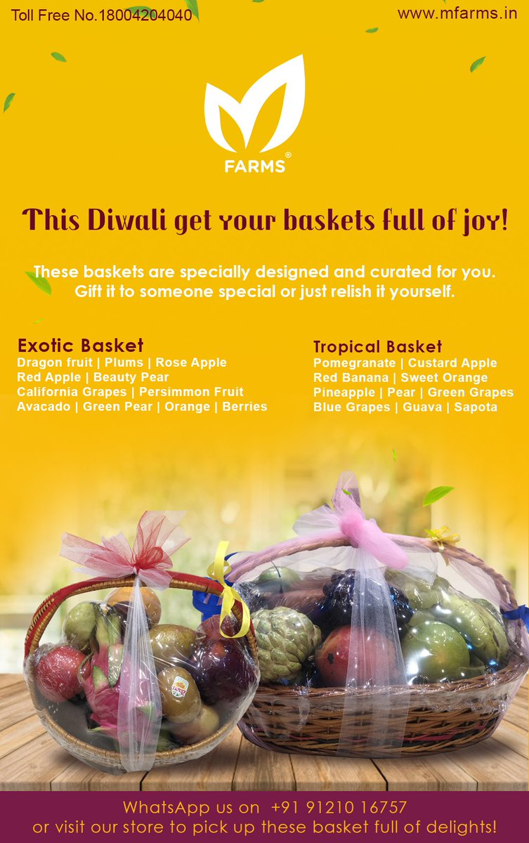 M_Farmss's tweet photo. M Farm fruit #baskets are on their way to make your #Diwali more special. 

#Gift it to your loved ones or just relish it yourself. Order Now!

https://t.co/0iMcdJfQcp
Call: +91 9966192757
Location: https://t.co/twvPoUkZdH

#mfarms #fruitbasket  #nutrition #green #homegrown https://t.co/WPUxNR1Tcv