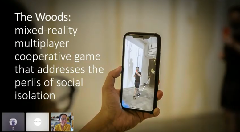 Technarte's tweet photo. "The Woods" by Kyoung Swearingen is a local multiplayer cooperative #game that employs AR and 4-channel audio spatialization panning to produce a shared experience that is both digital and physical - Now at #Technarte https://t.co/ekvDjc3bkE https://t.co/GyQrfgFHyQ
