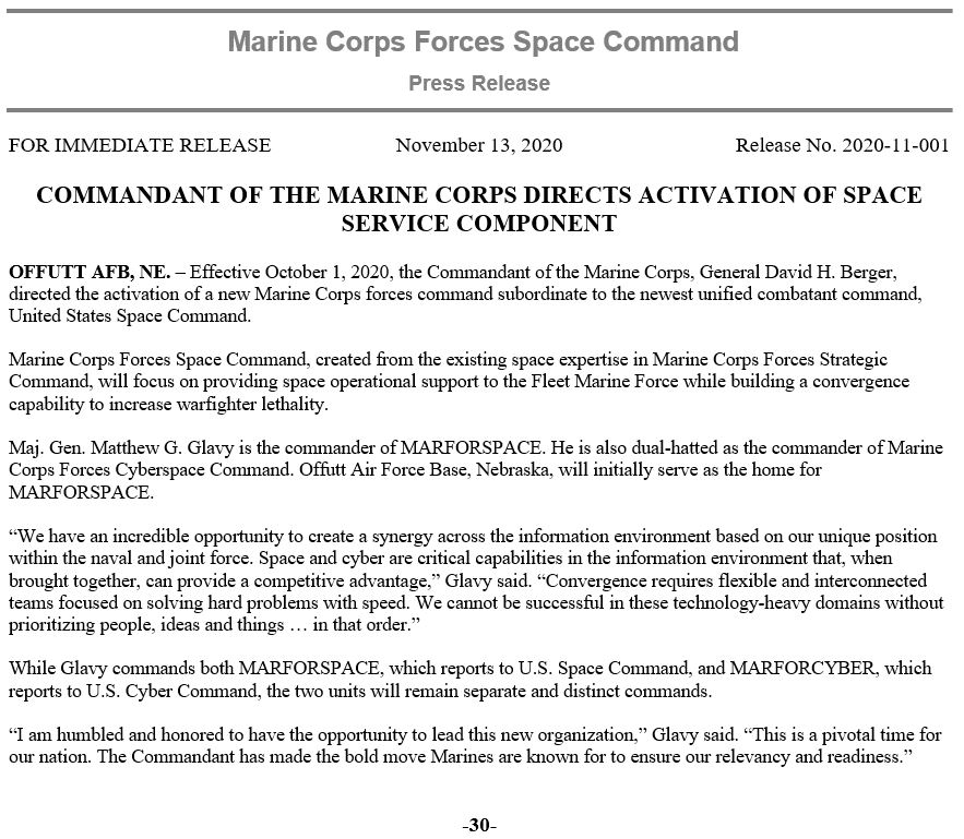 MARFORSPACE's tweet photo. COMMANDANT OF THE MARINE CORPS DIRECTS ACTIVATION OF SPACE SERVICE COMPONENT https://t.co/C9VJYa1WuX