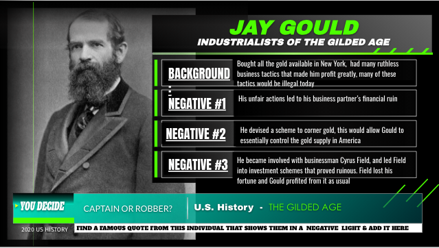Teach_Madson's tweet photo. Just recently finished our deep dive into the Gilded Age. Students did an awesome job analyzing the major industrialists and arguing whether they were Captains of Industry vs Robber Barons! Shout out to @MeehanEDU for the idea/concept. https://t.co/mSHv3IivNK