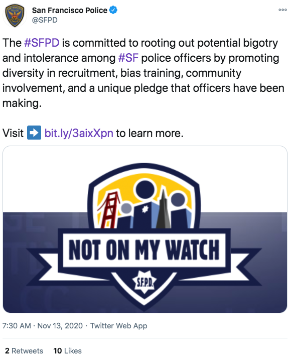 DNHCoalition's tweet photo. @SFPD posted this website stating their promise to take down bigotry in the department. But when you click on the link, the web page is totally empty. Exactly what you'd expect from a department that harbors racist killer cops. Empty promises. We've had enough. #DefundThePolice https://t.co/iOrYk3nvYI