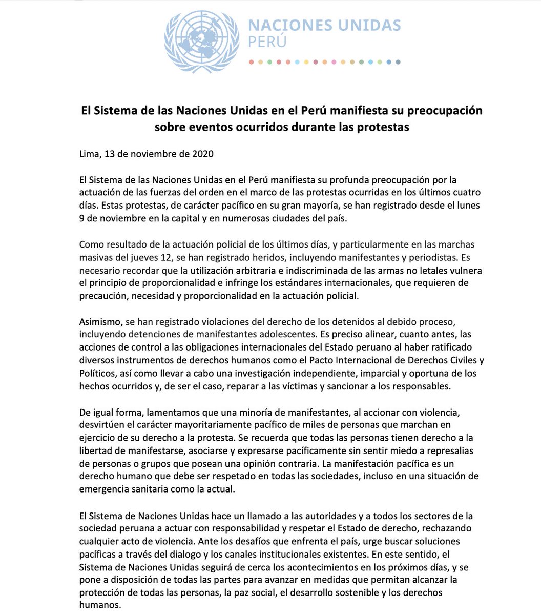 ONUPeru's tweet photo. ONU Perú manifiesta su preocupación por la actuación de las fuerzas del orden en el marco de las protestas ocurridas en los últimos cuatro días. PRONUNCIAMIENTO https://t.co/slFNXBF5PC