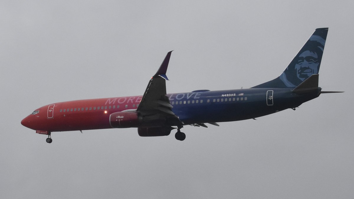 Photograph of Alaska Airlines' More To Love 737 on its final approach to BWI Marshall Airport. 