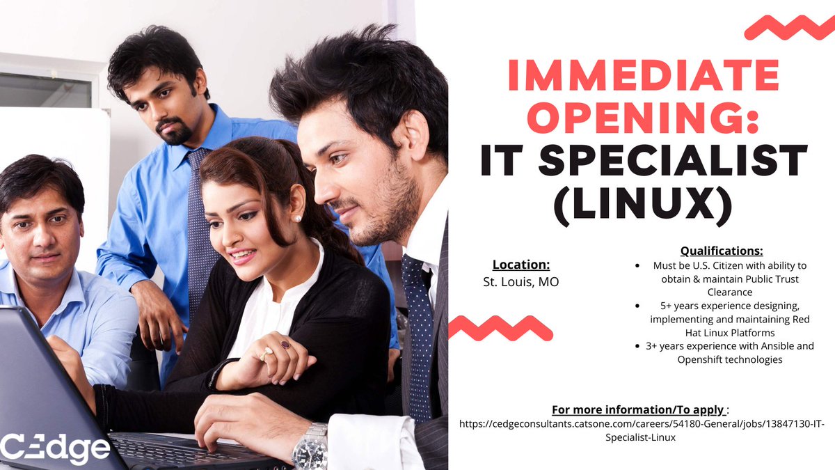 CEdgeConsults's tweet image. We have an immediate opening for an IT Specialist located in St. Louis, MO!
For more info/To Apply: cedgeconsultants.catsone.com/careers/54180-…
#RedHat #Linux #linuxjob #openshift #ansible #ITspecialist #ApplyNow #hiring #immediatehire #jobsearch #jobopportunities #clearances #clearedjob #stljobs