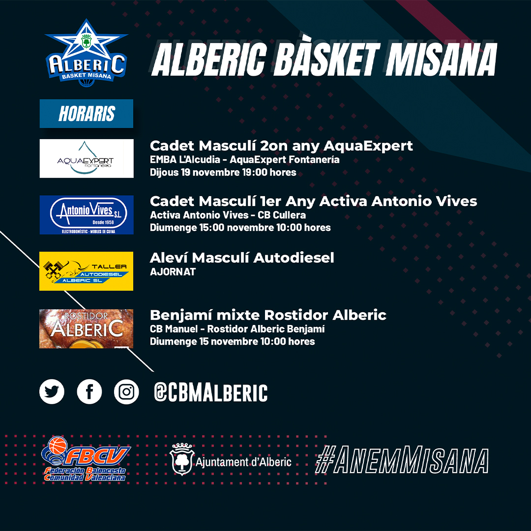 CBMAlberic's tweet photo. 📅 Aquestos són els horaris dels partits del club 😉

Il•lusions intactes i energia màxima per a afrontar una nova jornada. Amb tot #ANEMMisana 🔵🏀👊🏻 https://t.co/naSY9CKZVr