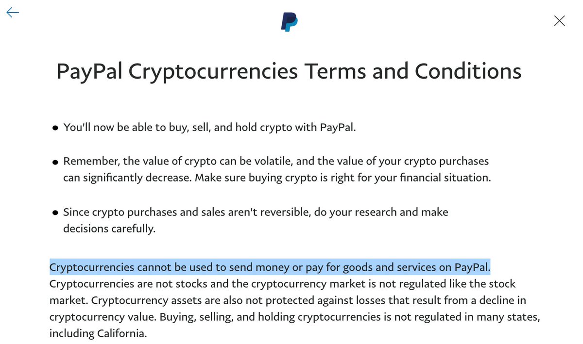 "Cryptocurrencies cannot be used to send money or pay for goods and services on PayPal." ???What are they for then? hopefully you can withdraw to a regular wallet. #WTF