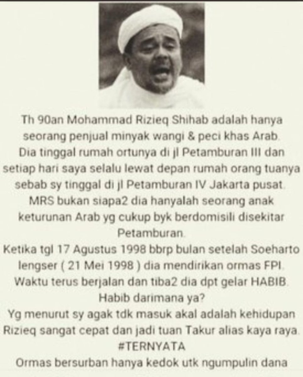 Ekosepu33616063's tweet photo. Owalah... Baru tahu gue, Muhammad Rizieq Shihab itu ternyata hanya mantan seorang penjual minyak wangi &amp; peci khas Arab, 🙈 Cc.@NikitaMirzani #KitaNikita https://t.co/1HkcXKeHwZ