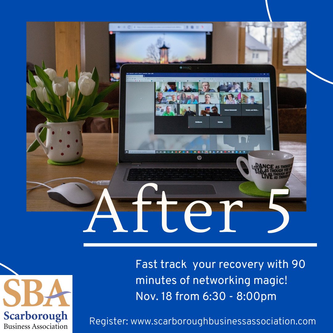 ScarboroughBA's tweet photo. Join our Scarborough Business Association Virtual After 5
Nov 18 @ 6:30 pm – 8:00 pm
It's our ‘Beta’ Virtual After 5! Free event open to all.
- A chance to give a 20-second business pitch
- Discussion  on Covid-19 recovery
Tickets: https://t.co/JQkA56LEfi... #ScarbTO  #JointheSBA https://t.co/bQ9atpswbA