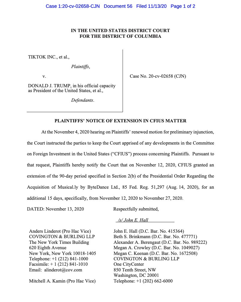 NEW: CFIUS has granted TikTok a 15-day extension on the divestiture deadline, changing it from Nov. 12 to Nov. 27, according to a court filing notifying the US district court judge of the change:  https://www.pacermonitor.com/view/6UQYGSY/TIKTOK_INC_et_al_v_TRUMP_et_al__dcdce-20-02658__0056.0.pdf?mcid=tGE3TEOA