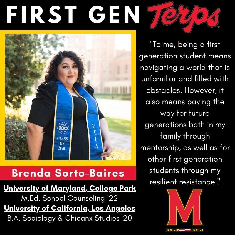 CHSEUMARYLAND's tweet image. For our last First Gen Spotlight student, we have Brenda, a first year in the school counseling program! Congratulations on your accomplishments, Brenda, and we can’t wait to see the amazing things you do for yourself, your students, and your community! ✨ #firstgenterps