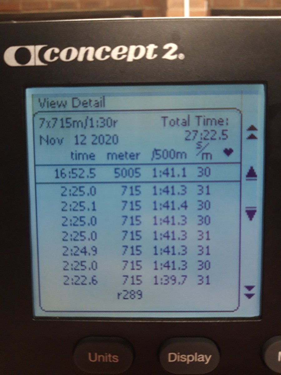Working up to a 5km time trial. Gradually worked so far from 20 x 250m reps to 7 x 715m reps, each time ~5km total distance. 1 less rep each time.