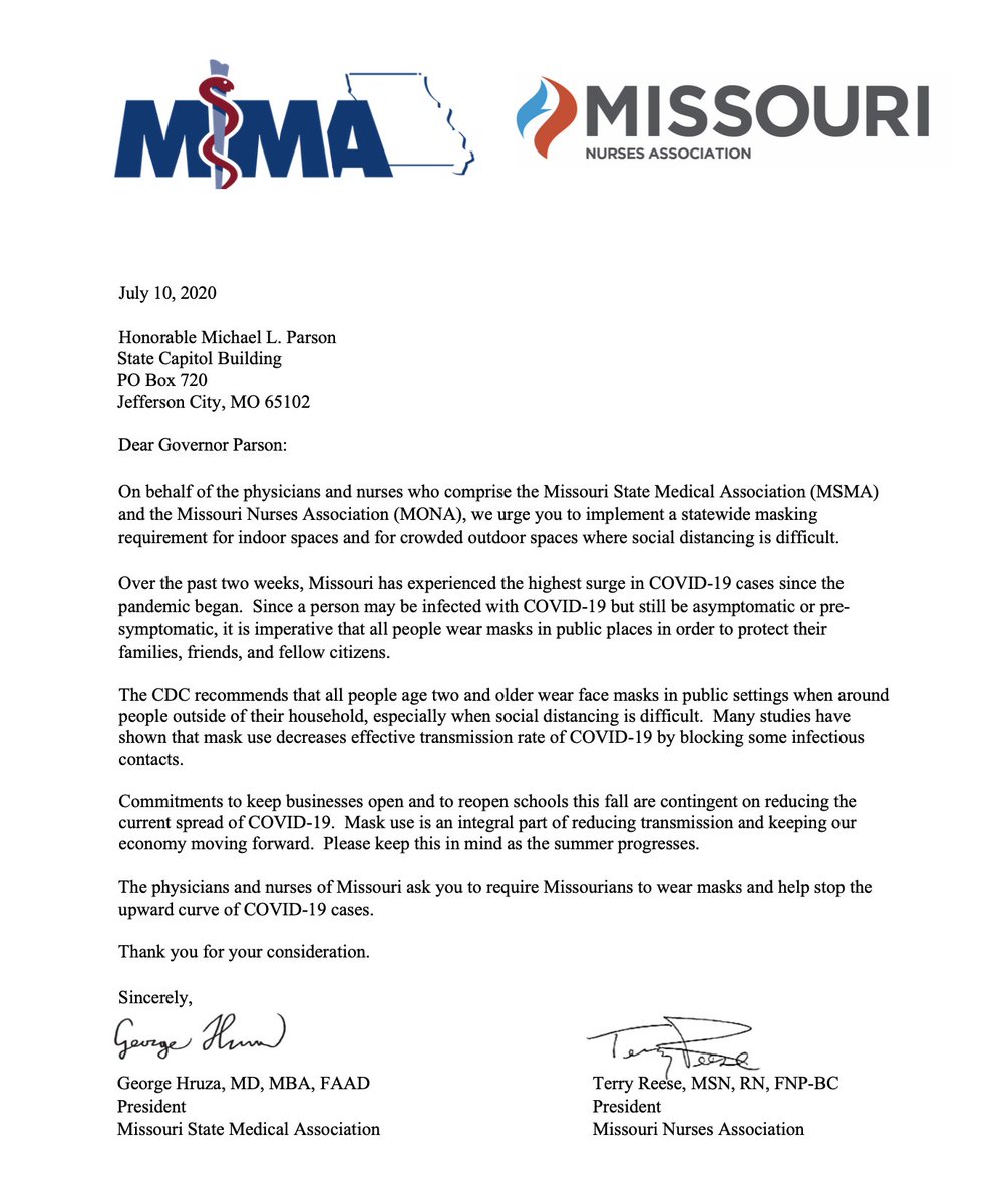 MOMedicalAssn's tweet photo. Since we sent this letter to @GovParsonMO, 200,000 Missourians have contracted #COVID19 & 2,250 have died. Now we're adding over 3,000 cases/day & running out of hospital beds. This could've been avoided. We can do better. #MaskUpMO #SocialDistance #CloseBars #StayAtHome #moleg https://t.co/447JSclUJ5