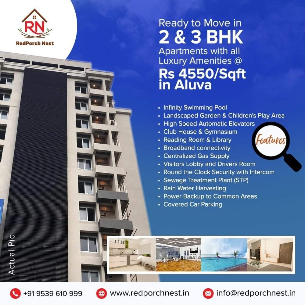 RedporchN's tweet photo. Located  in Aluva - Munnar Road, we offer you ready to move in 2 &amp; 3 BHK river view apartments with super luxurious amenities @ Rs 4550/sqft. 

📱+91 9539 610 999   
#LuxuryApartments #Apartments #Aluva #WorldClassFacilities #Cochin #Kerala https://t.co/bPVVkoUVsJ