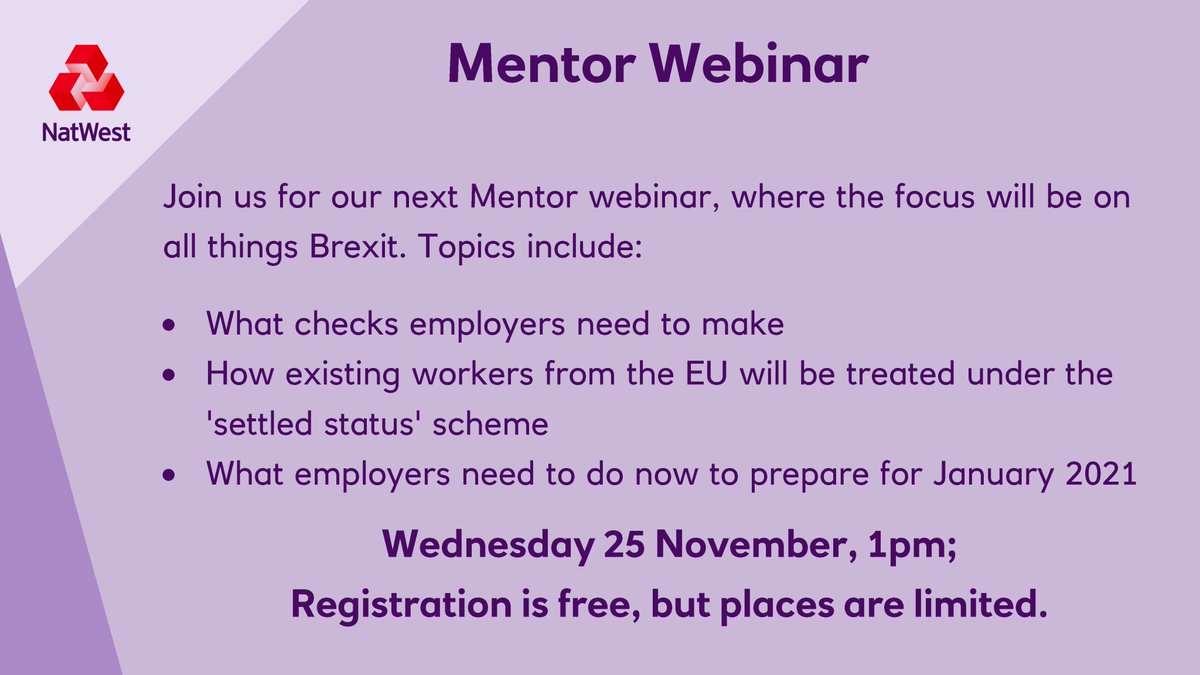💻 New: Mentor webinar
📅 Wednesday 25 November, 1pm

ℹ️ In the latest webinar brought to you from the team at NatWest Mentor, we focus on all things #Brexit 

Register for free now bit.ly/2GWZgv2