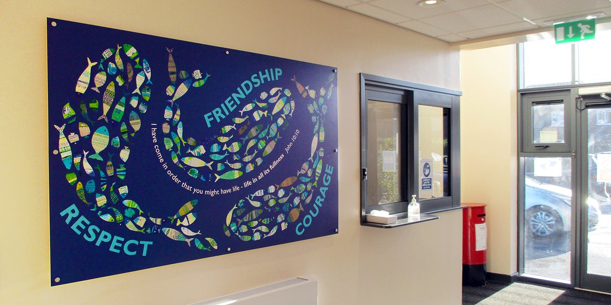 dansavage_art's tweet photo. My new Core Values artwork for the wonderful @AelredSt Primary School in York. From the vibrant school council, to the friendly and accommodating staff, to the talented and well behaved children, this project has been a pleasure to work on throughout #Friendship #Respect #Courage https://t.co/KbJrkTByDm