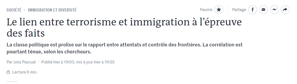 "La classe politique est prolixe sur le rapport entre attentats et contrôle des  #frontières. La corrélation est pourtant ténue, selon les chercheurs"un article éclairant pour contribuer au débat public  @JuliaPascualita  @lemondefr  #DesinfoxMigrations retient  infos clés   https://twitter.com/JuliaPascualita/status/1326851162352611329