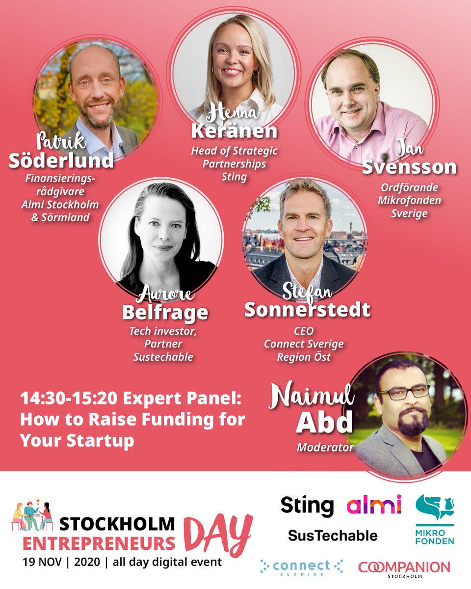 KeranenHenna's tweet photo. 🔊Join Stockholm Entrepreneurs Day 2020 on Nov 19
🚀 A power-packed day focusing on #entrepreneurship #impact and #innovation ecosystem.
🙋🏼♀️ I will be speaking in a panel focusing on #startupfunding at 2:30 CET.
👋 Hope to see you there! https://t.co/NDBXX1RpOu #SED2020 https://t.co/RC32hz9Htn