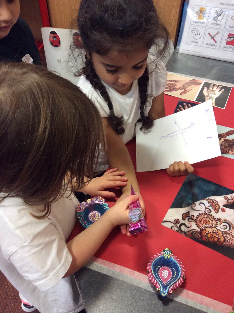 gfprimarycov's tweet photo. RP have been learning about Diwali this week. The children have enjoyed looking at the display and pretending to draw mendhi patterns on their hands using the henna. #GFRP #GFRE #Diwali https://t.co/LKcZEXh9ik
