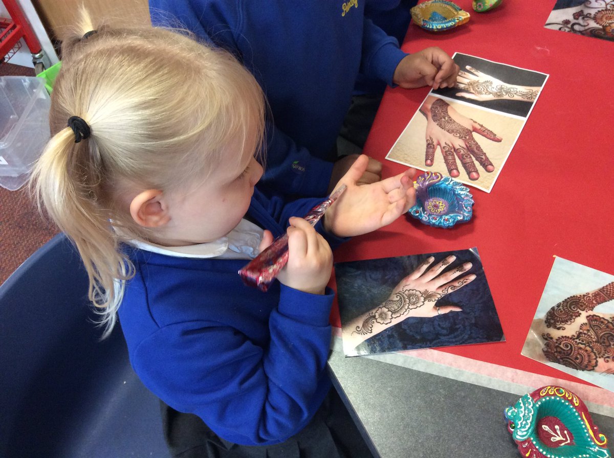 gfprimarycov's tweet photo. RP have been learning about Diwali this week. The children have enjoyed looking at the display and pretending to draw mendhi patterns on their hands using the henna. #GFRP #GFRE #Diwali https://t.co/LKcZEXh9ik