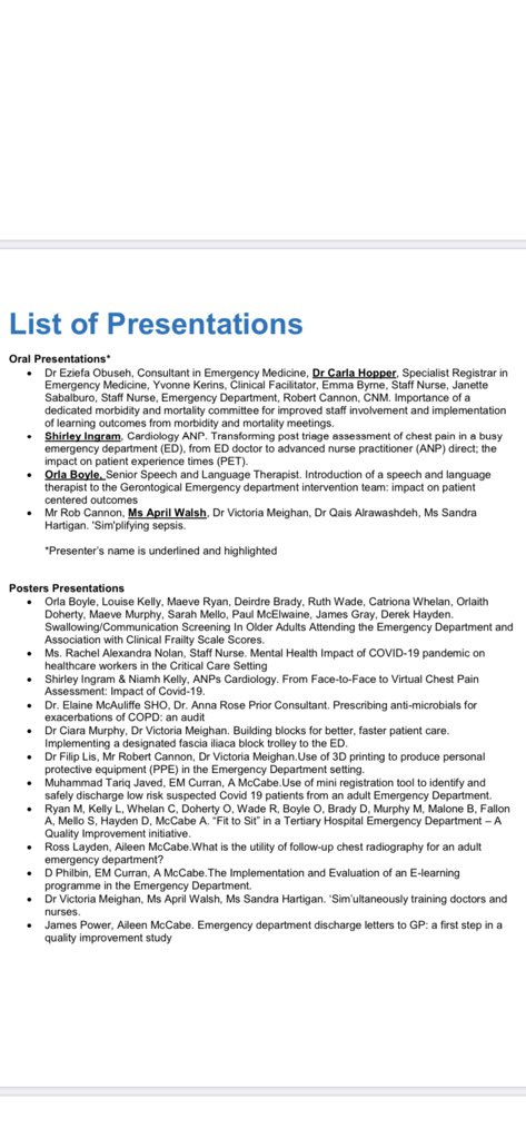 AilsMcCabe's tweet photo. List of @ed_tuh oral and poster presentations at TUH Quality Improvement Symposium. Well done to all the presenters @Rdigger18 @chopper1606 @orla_boil @aprilbreatnach @s_ingram_anp https://t.co/sP4sGq5MFX