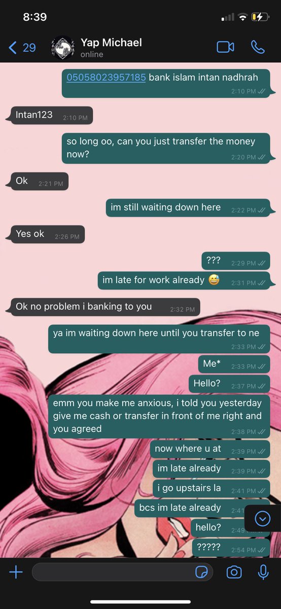 i sampai pukul 2pm at jalan sen peng pudu, mula mula kata nak transfer depan ttibe dia kata nak naik atas amek duit kat kakak dia. i tak sempat nak amek laptop tu balik. dekat 1 jam i tunggu dia tak muncul, call tak angkat. ws tak reply.