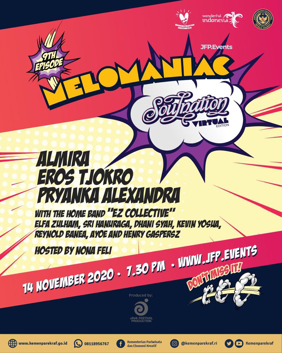 KemenPariwisata's tweet image. Konser virtual Melomaniac yang dipersembahkan oleh Java Festival Production (@javafestpro)

Sabtu, 14 November 2020
pukul 19.30 WIB

Jangan lewatkan dan dapatkan tiketnya melalui jfp.events

#Melomaniac
#JFPEvents 
#JavaFestivalProduction 
#BringTheShowToYourHome