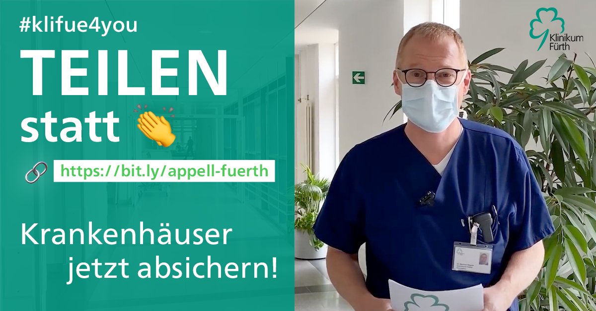 TEILEN statt KLATSCHEN!👏
Unser Ziel ist es, durch unseren offenen Brief an den Gesundheitsminister <a href="/jensspahn/">Jens Spahn</a> ein starkes Signal an die Politik zu senden, für die Mitarbeiterinnen und Mitarbeiter in allen Kliniken Deutschlands. 👉 bit.ly/appell-fuerth #CoronaVirusDE #COVID19