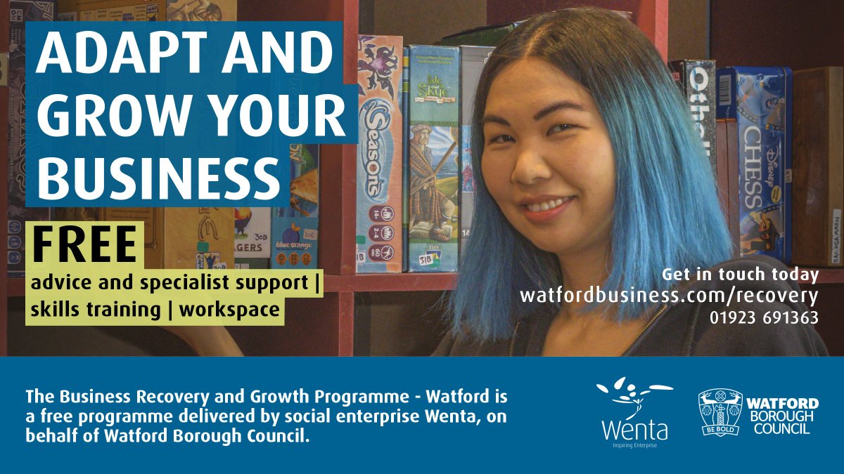 WatfordBusiness's tweet photo. If you’re a #Watford business looking for support to help your business adapt and grow you can access free advice and support from @WatfordCouncil @WentaWatford @TheWentaGroup Register for the #BRGWatford programme today at https://t.co/fJqeGSw5AP https://t.co/IZq7uKhC4Y