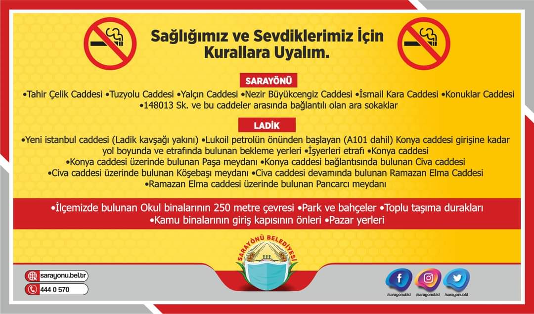 📢 İçişleri Bakanlığı'mızın yayınladığı genelgeye göre;
#Koronavirüs salgınının yayılımını önlenmek için, 12.11.2020 tarihinden itibaren İlçemizde;
Cadde/sokaklar, Park ve bahçeler, Pazar yerleri ve Toplu taşıma araçlarının durakları gibi yerlerde sigara içilmesi yasaklanmıştır.