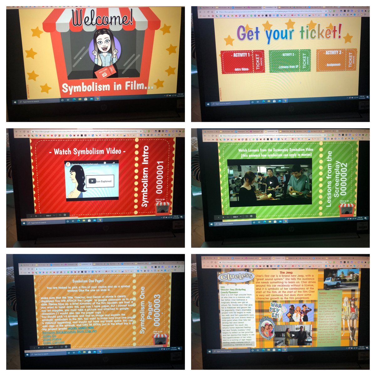 tarakearney36's tweet photo. Symbolism in Film Digital One Pagers for Film Critique Class using #GoogleSlides! Shoutout to @SlidesManiaSM for the awesome template, and YES I made a model for my students using Clueless! โจ๐๐๏ธ๐ #DHS180 https://t.co/9yYMwDXIqc