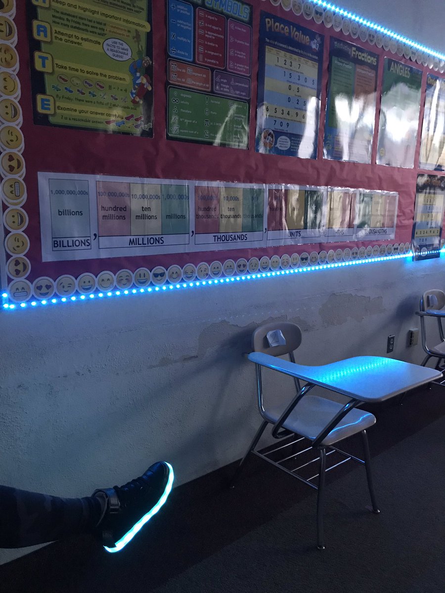 edbrun's tweet photo. This is how we roll in my classroom. Matching light sneaks and lights on board. Let’s go!!  And yes @Mr_Jon_Winkle this is a former #OPshark! 🦈 @penndalems @NPSD #penndalepride https://t.co/ab0rKPYDmA