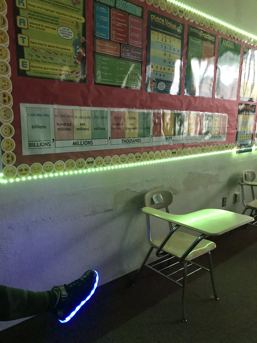 edbrun's tweet photo. This is how we roll in my classroom. Matching light sneaks and lights on board. Let’s go!!  And yes @Mr_Jon_Winkle this is a former #OPshark! 🦈 @penndalems @NPSD #penndalepride https://t.co/ab0rKPYDmA