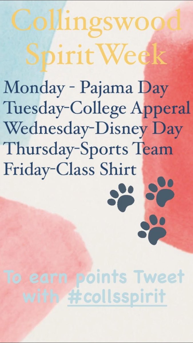 MrsWhalenColls's tweet photo. Virtual Spirit Week for @Colls_HS next week! Monday 11/16 is Pajama Day. Tweet a picture of yourself dressed up, use #collsspirit, and you'll be entered in a drawing for prizes! (gift cards! t-shirts!) #collsedu https://t.co/SvJ5jg5MRF