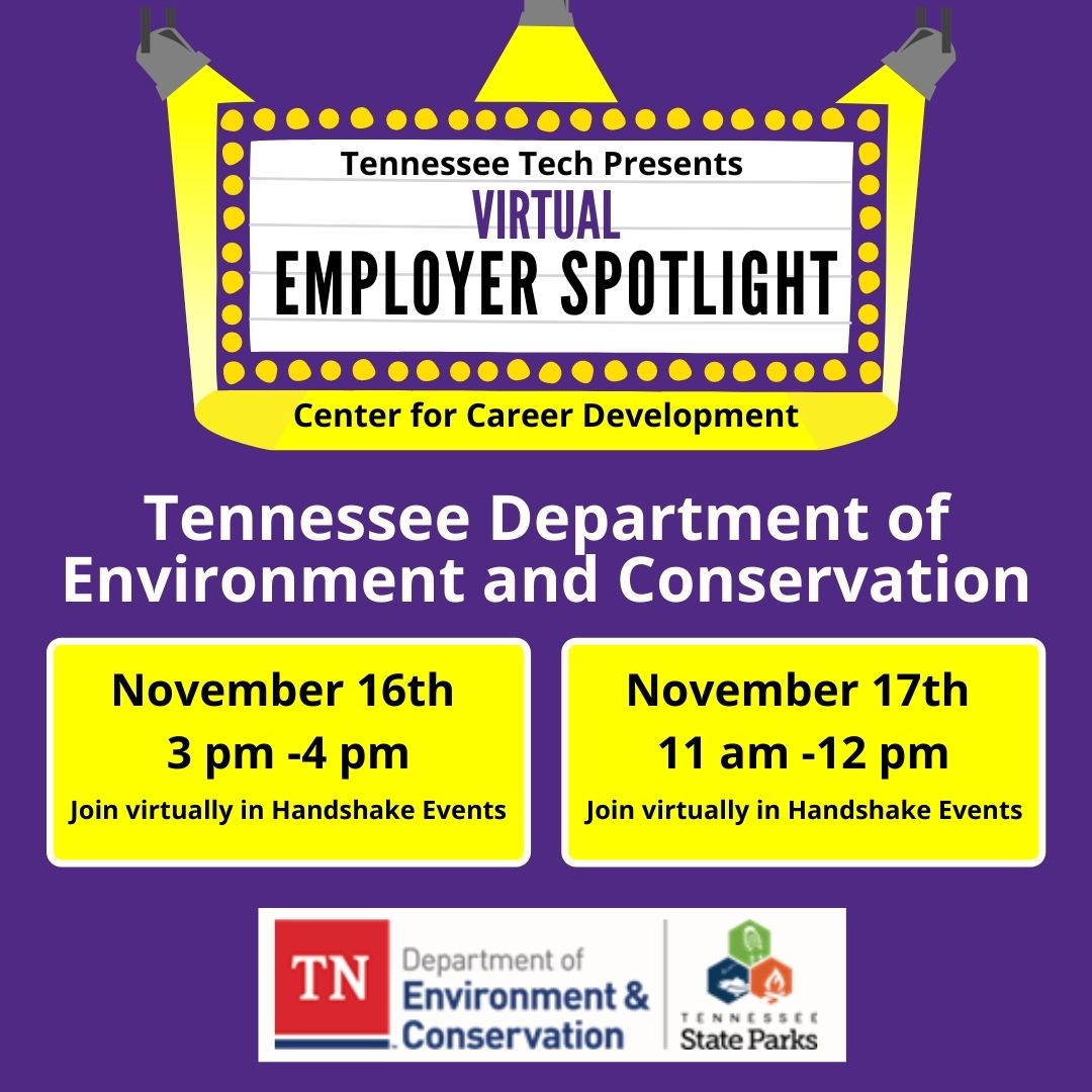tntechcareer's tweet photo. Looking for a cool summer job? Interested in the outdoors? Join our Virtual Employer Spotlight featuring Tennessee State Parks on Monday, Nov. 16 from 3-4pm OR Tuesday, Nov. 17 from 11am-noon!  RSVP and JOIN in Handshake Events for the access URL.  #TNTechCareerReady https://t.co/Nu0hphbNRu