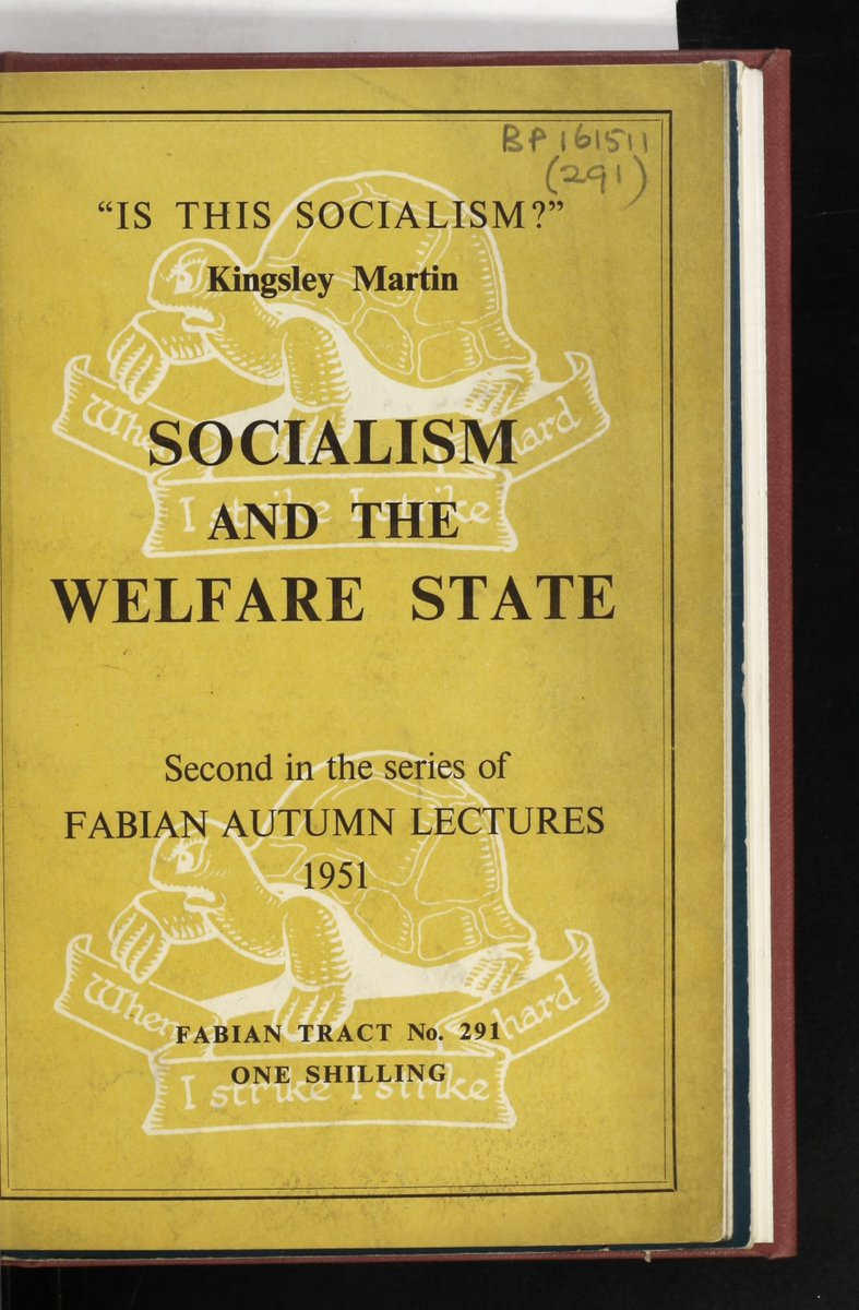 Cover of the Fabian tract 291, "Socialism and the welfare state, by Kingsley Martin (1951)" Yellow background with 2 turtles in watermarks.