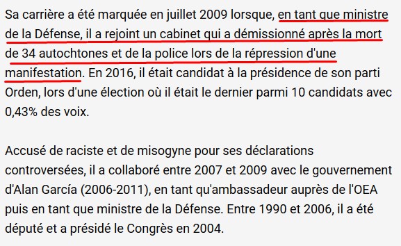 Cette charmante personne était ministre de la défense dont l'occupation principale était la lutte contre le terrorisme rouge que ces réactionnaires racistes ont eux-même engendré en réprimant à mort des étudiants manifestant en 1979. https://tv6.news/peru-with-a-new-government-a-very-conservative-cabinet-without-weighty-figures-and-repudiated-in-the-streets/