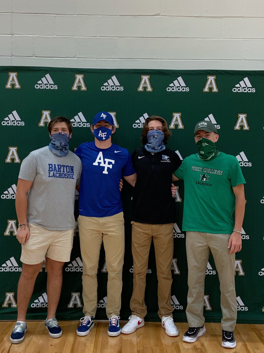 APEXLAX's tweet image. Congrats to Four great guys getting ready to continue their lax careers in college - Barton, Air Force, and York are getting some quality guys- behind the masks are Cam Fleming,Gabe Swanser,Brock Dempsey, Zach Rutledge