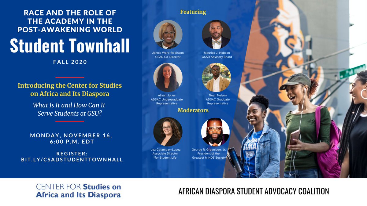 CSADatGSU's tweet photo. We care about our students, and we care about your voices. Join us and ADSAC for our first Student Townhall introducing the center. Learn more about our mission and scope and how the center can best serve student needs. It's #TheStateWay . Register today: https://t.co/rq6xnTHMDh https://t.co/iTPLQzZch4
