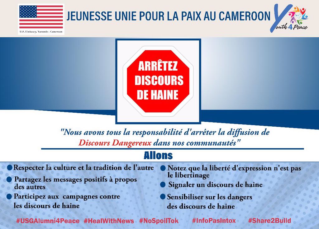 usgalumnicmr's tweet photo. What more can you do as a youth, to mitigate hate speech ?
………………………………. 
Que pouvez-vous faire de plus en tant que jeune, pour atténuer les discours de haine?

#USGAlumni4Peace
#HealWithNews
#NoSpoilTok
#InfoPasIntox
#Share2Build https://t.co/Q9dlMX4fQf