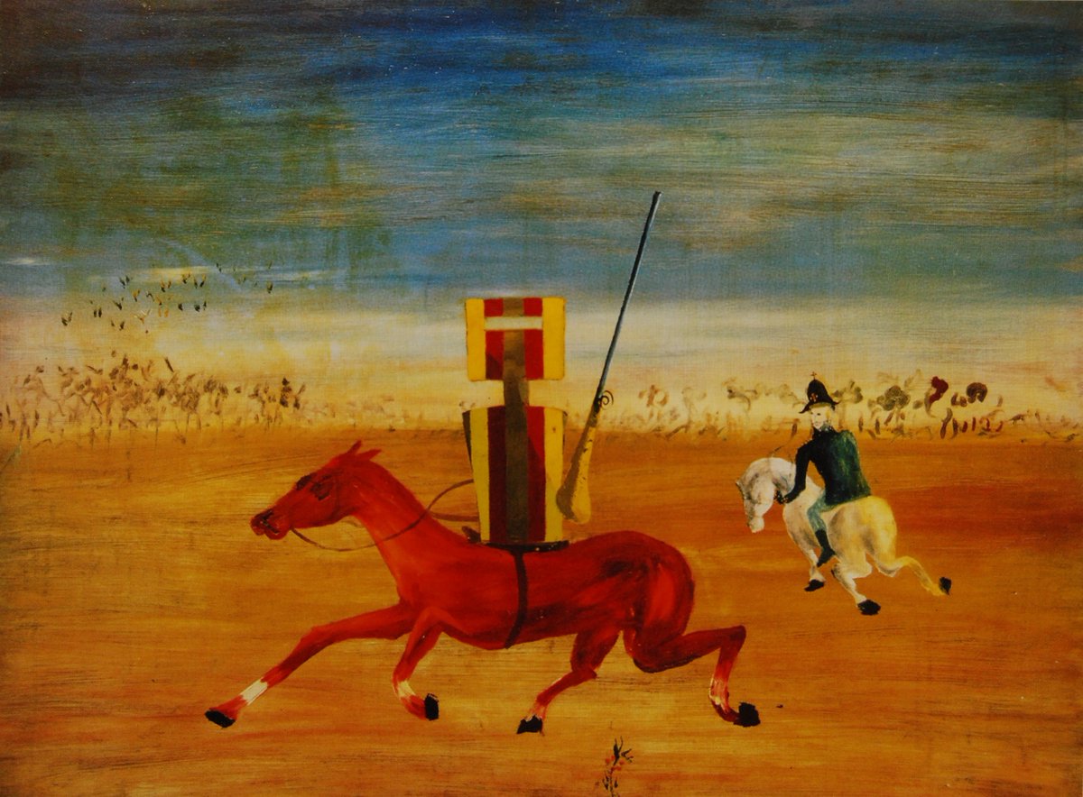 SidneyNolanTrst's tweet photo. It's been a while since we shared a Ned Kelly on our feed, so here's one of our favourites 'The Chase', 1946, enamel paint on composition board, National Gallery of Australia, Gift of Sunday Reed 1977 #sidneynolan #nedkelly https://t.co/18mGK1TZSu