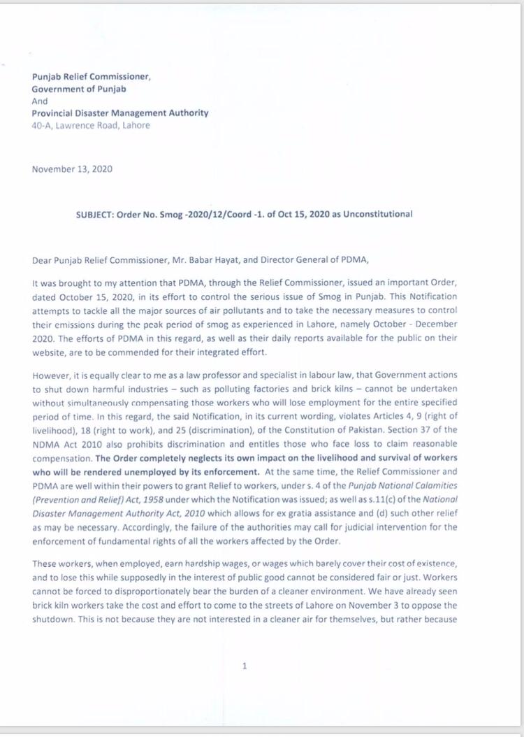 (1/n) The Punjab Government vide Notification issued on 15.10.2020 is shutting down brick kilns across the province to combat smog without taking into consideration the livelihood and survival of thousands of workers who will be rendered unemployed.