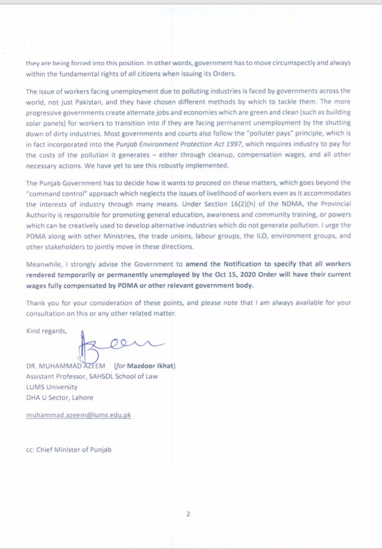 (1/n) The Punjab Government vide Notification issued on 15.10.2020 is shutting down brick kilns across the province to combat smog without taking into consideration the livelihood and survival of thousands of workers who will be rendered unemployed.
