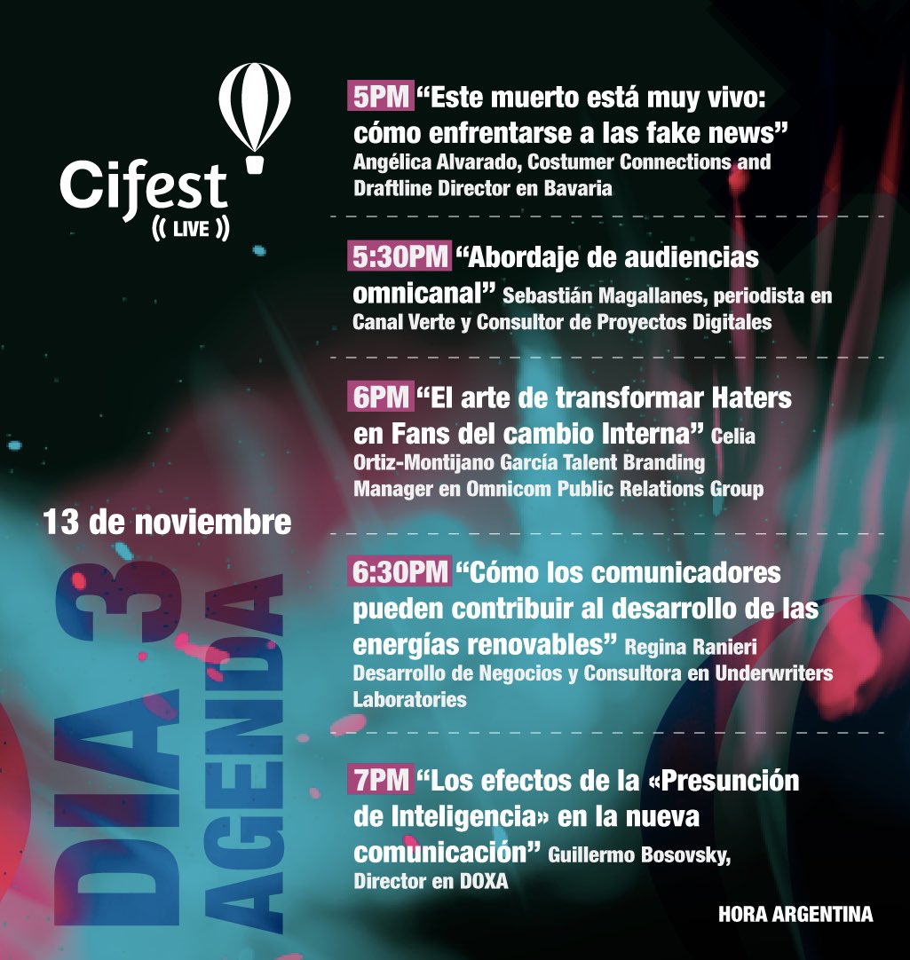 HOY-HOY-HOY-HOY-HOY tercera jornada de #cifestlive2020 súmate gratis a esta fiesta cifest.org/live2020 vamos a ser miles de innovadores transformando la #comunicación y dejando huella