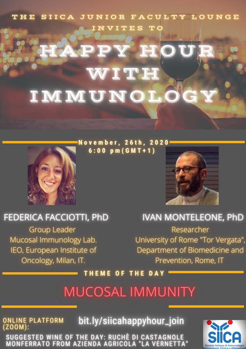 SiicaI's tweet photo. 📌 The next Happy Hour with #immunology is scheduled for November 26th at 6 pm: Federica Facciotti &amp; Ivan Monteleone will discuss hot topics in the field of #mucosal immunity. 

We will taste a glass of wine from Azienda Agricola La Vernetta: have you already chosen your wine? 🍷 https://t.co/Sk6AX5fXwN