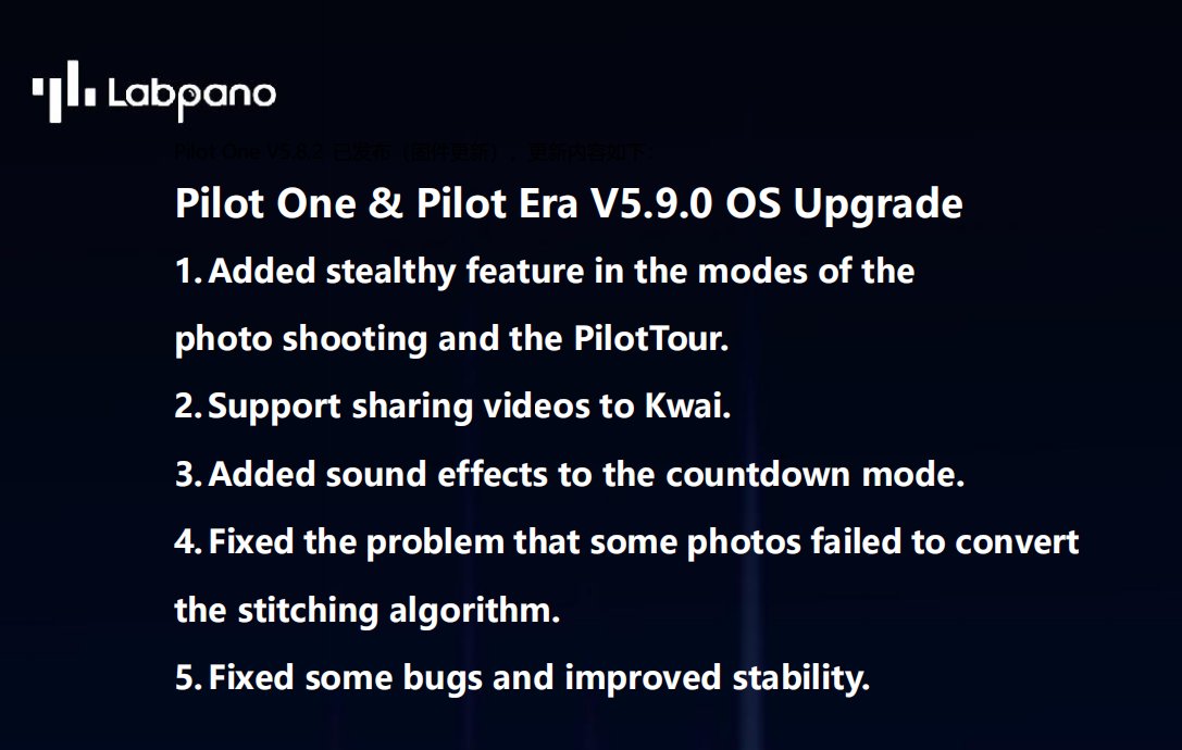 PanoXGlobal's tweet photo. We are introducing Pilot One &amp;  Pilot Era V5.9.0 OS Upgrade
#PilotOne #PilotEra #OSupgrade #OS #Upgrade #Labpano #panoramic #panoramas #360camera #vrcamera #360life #lifein360 #stealthy #PilotTour #stitching #algorithms #bugs #todayshare https://t.co/ziPEWuUhmW