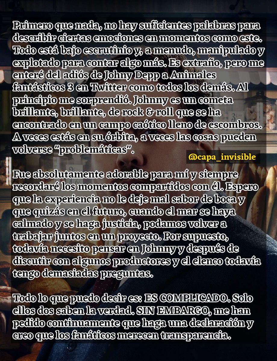 capa_invisible's tweet photo. Comunicado de Dan Fogler (Jacob Kowalski) traducido al español donde habla sobre Johnny Depp. Lo borró de su cuenta de twitter a los minutos de publicarlo ¿opiniones? https://t.co/g8GRWF7nS0