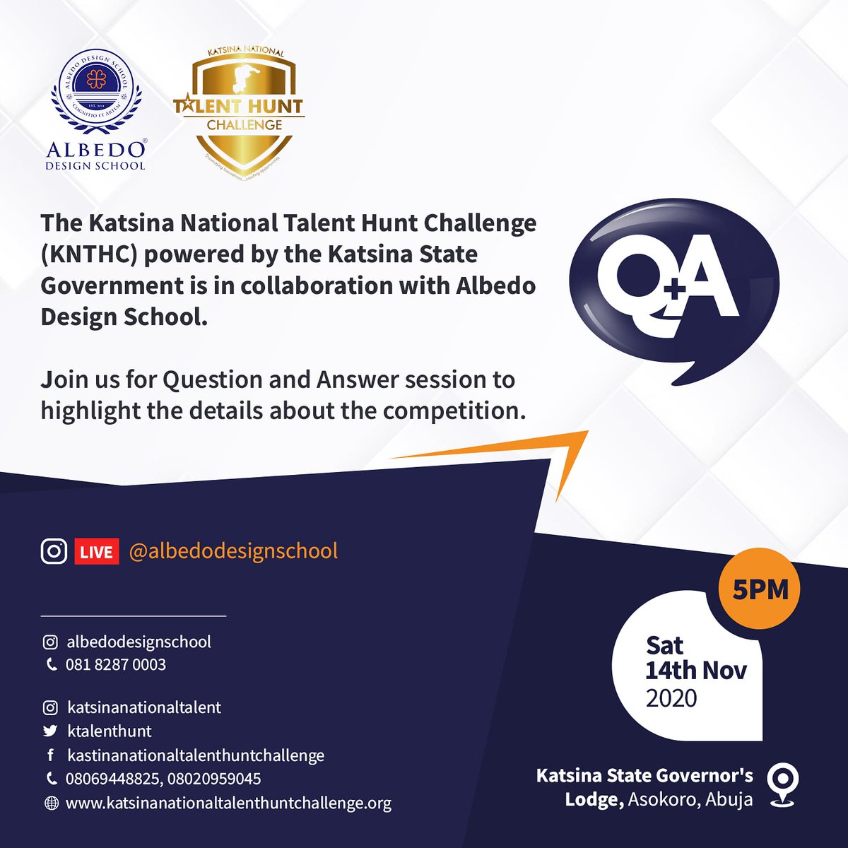 albedodesignsch's tweet photo. Join us Tomorrow, Saturday 14th November by 5PM at the Katsina State Governors Lodge , Asoko, Abuja for a Question and answer session to highlight the necessary information anout the competition.

For more information or reservation call us at 08182870003

Don't miss out! https://t.co/dXKIKOK0Os