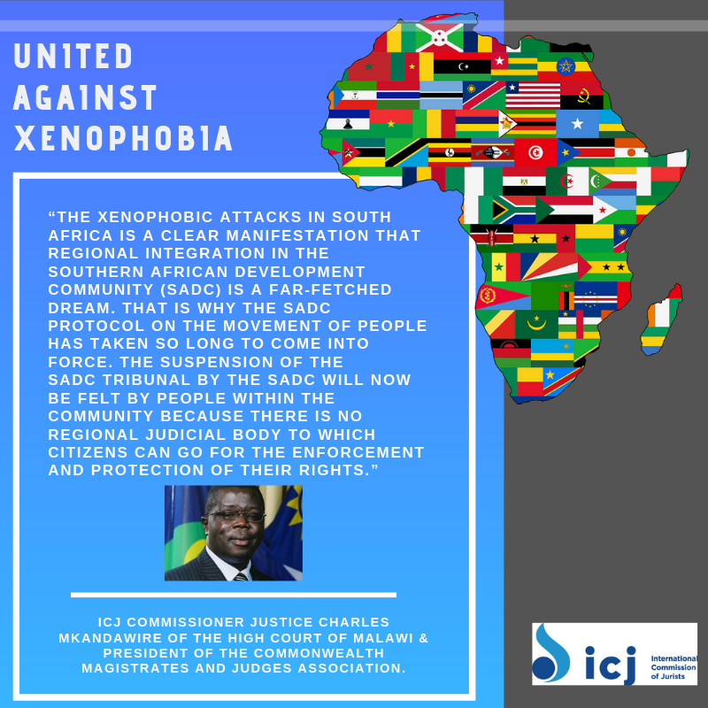 ICJ_Africa's tweet image. ICJ Commissioner Justice Charles Mkandawire, who was recently appointed as a Justice of the Malawian Supreme Court of Appeal, called for the revival of a regional judicial body to protect and enforce rights amid #XenophobicAttacks.

#SayNoToXenophobia