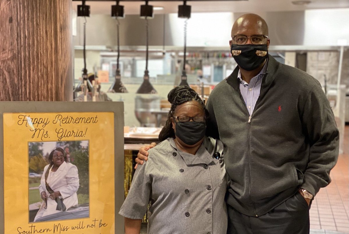 RodneyDBennett's tweet photo. Thank you, Ms. Gloria. Thank you. Thank you. Thank you. You've put smiles on Southern Miss students' faces for almost three decades, as they have eaten breakfast and lunch. Enjoy your well-earned retirement and keep on percolating! -rdb https://t.co/WBZuZhJwga