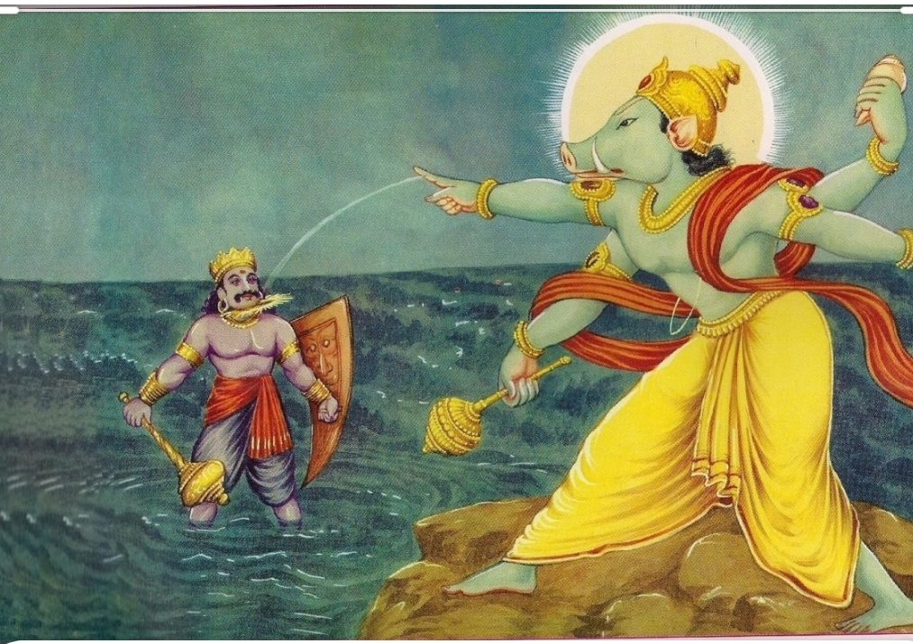 To rescue Mother Earth Lord Vishnu took the avatar of Varaha (wild boar) & overpowered Hiranyaksha in a duel fought under water, restoring Earth to it's original position.